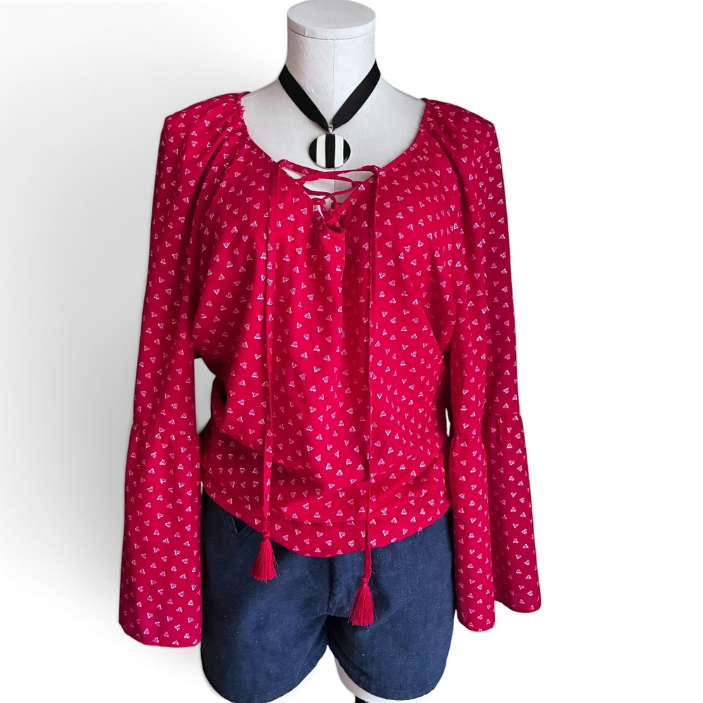 Y2K Red Silver Bell Sleeve Peasant Blouse 1X Corset Tie Top